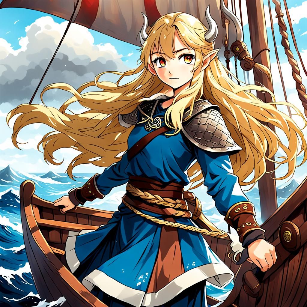 Viking Woman on Longship in Anime Style