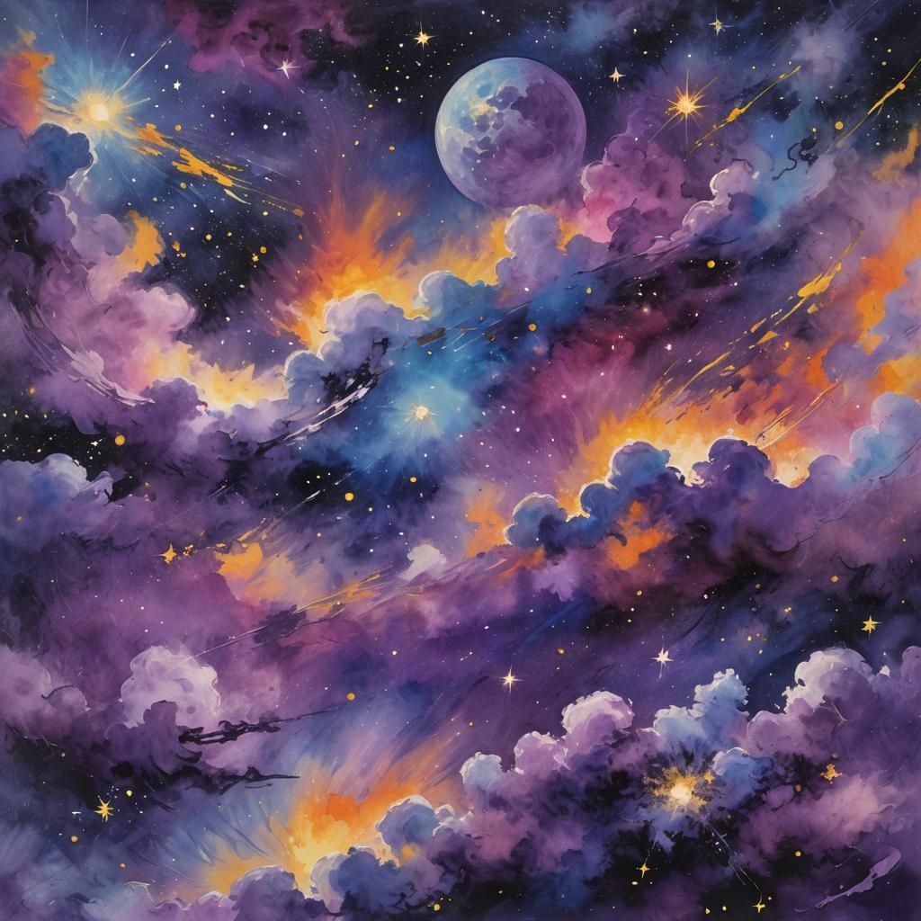 Vibrant Cosmic Landscape in Gouache Watercolor Style