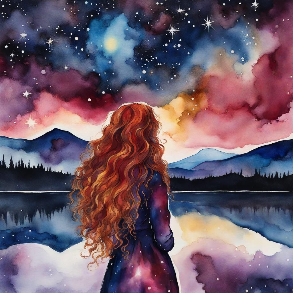 Auburn Haired Woman Gazing at Starry Nebula