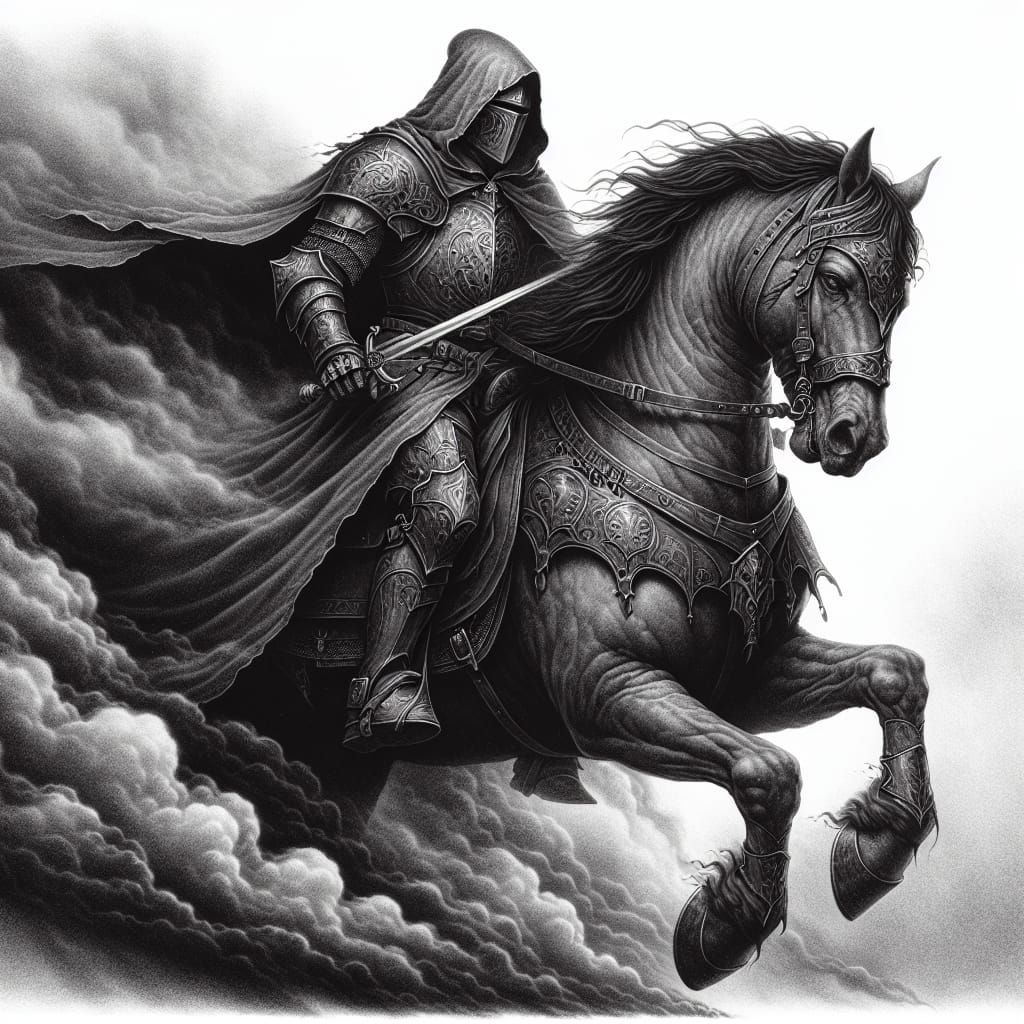 A hooded knight riding his horse