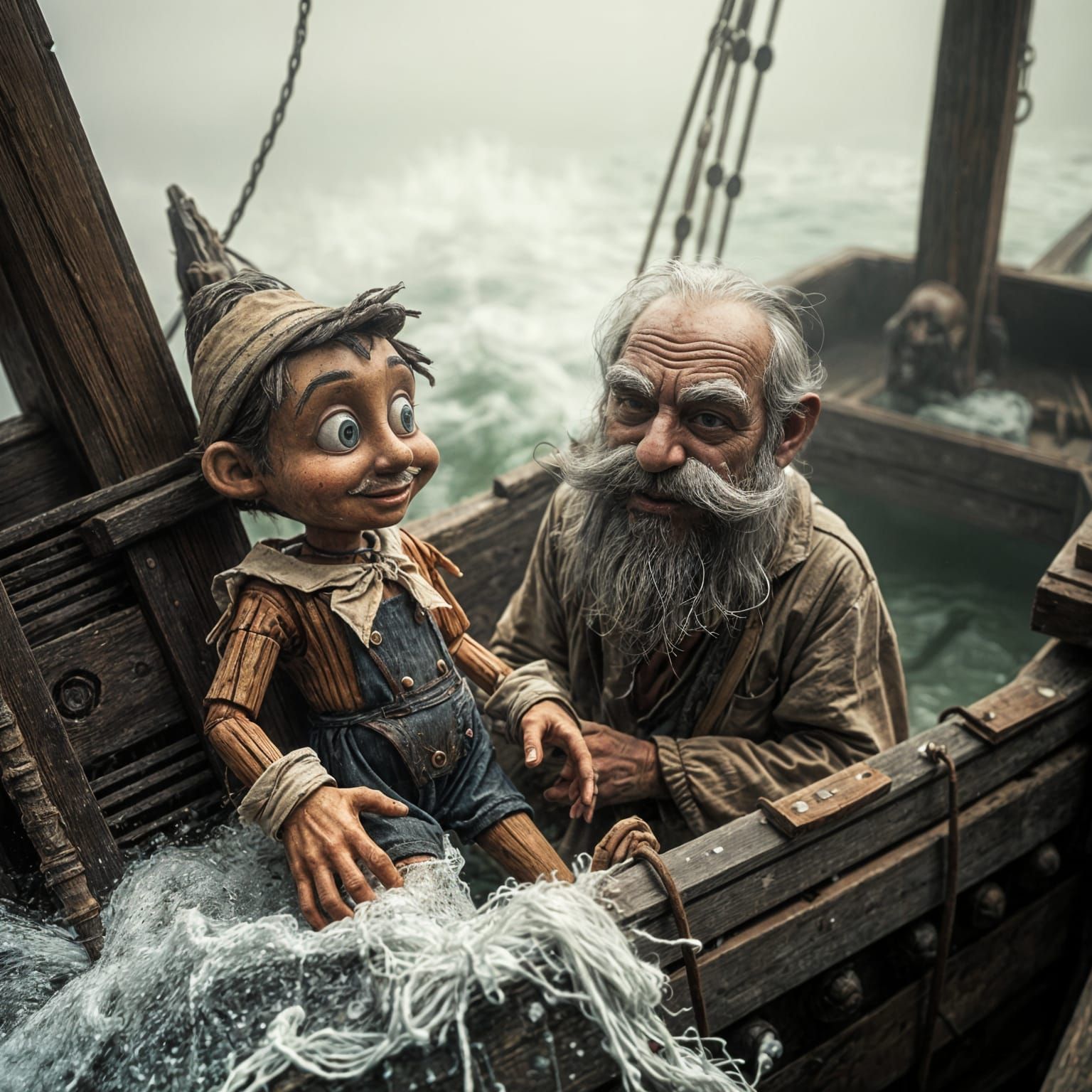 Pinocchio and Geppetto in a Vintage Sepia Tone