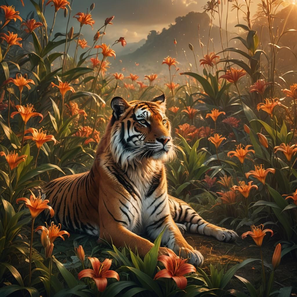 Native American Woman in Tiger Lily Field