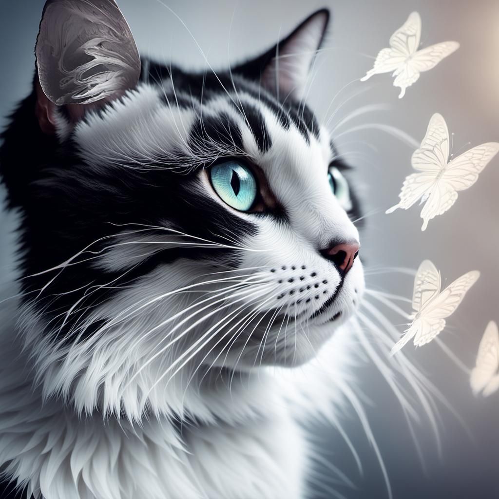Cat Gazes at Butterfly in Impressionist Macro Shot