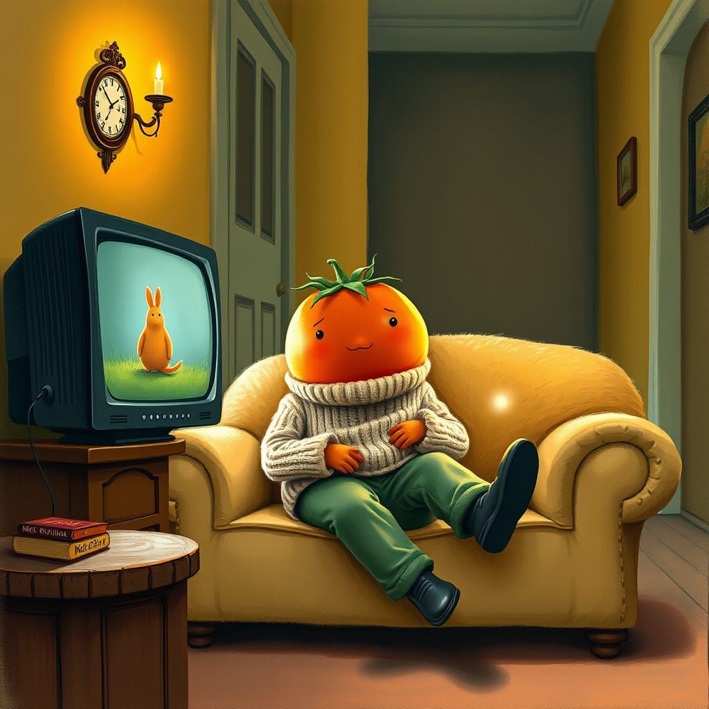 Tomato Watching TV in Beatrix Potter Style