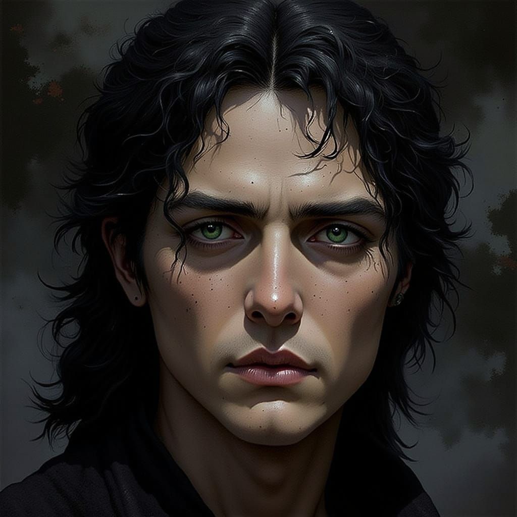Mysterious Man with Dark Secrets in Deep Green Eyes
