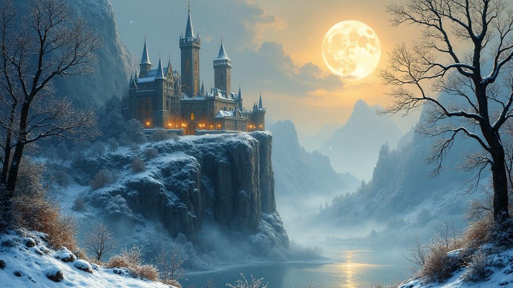 Gothic Winter Castle in Snowy Landscape