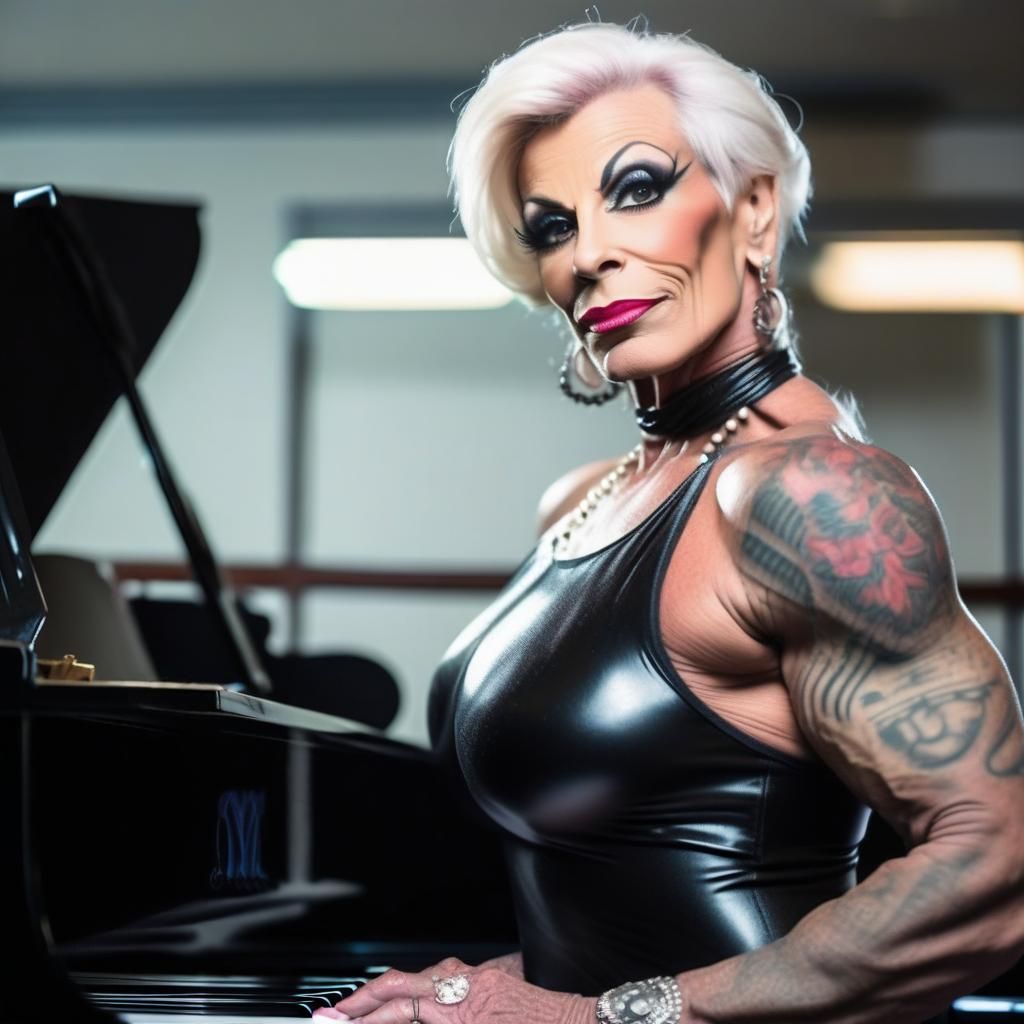 Elegant Female Bodybuilder Transvestite Playing Piano