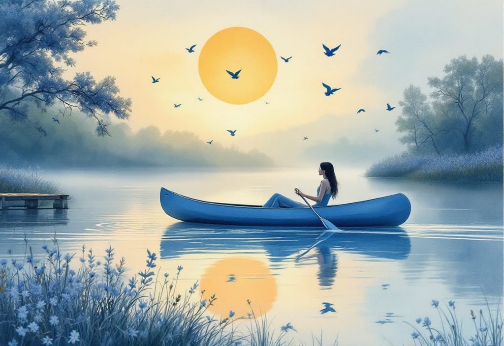 Ethereal Watercolour Canoe Scene on Misty Lake