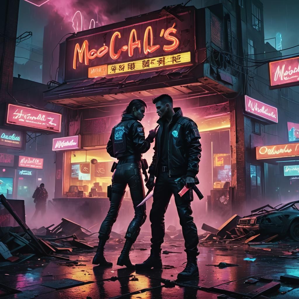 Cyberpunk Knife Fight in Neon City Ruins