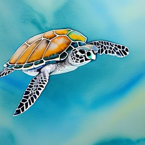 Watercolor Sea Turtle in Great Barrier Reef