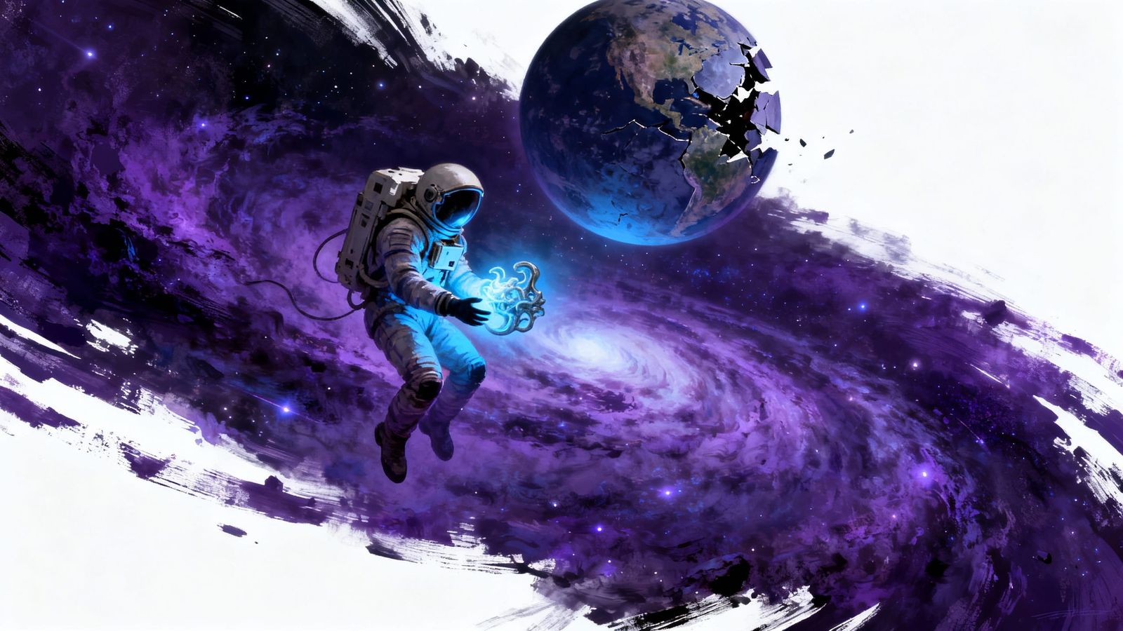 Astronaut Adrift in Nebula with Shattered Planet