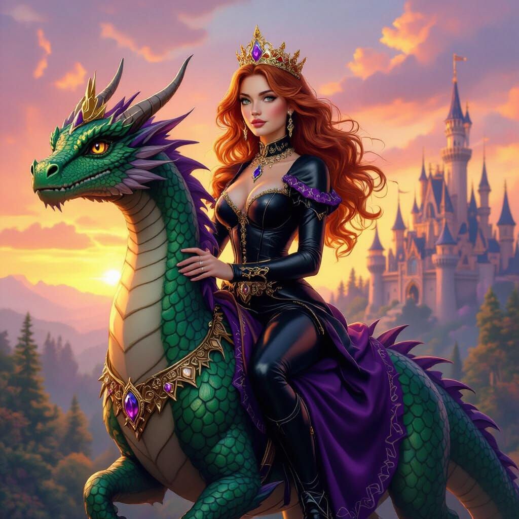 Princess Rides Dragon at Sunset: Fantasy Art