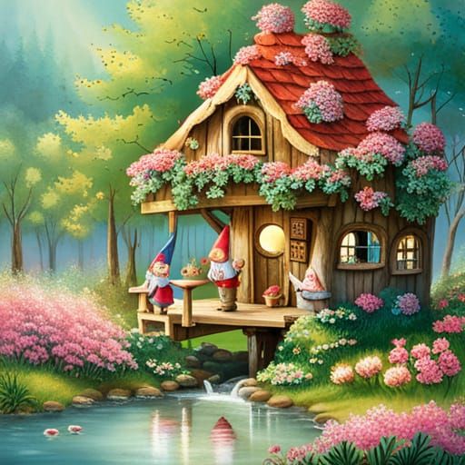 Magical Gnomes Dancing Around Flower Treehouse