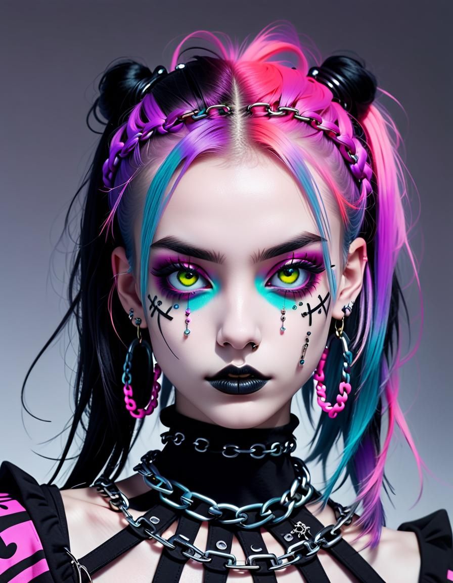 Edgy Goth Anime Girl with Neon Piercings
