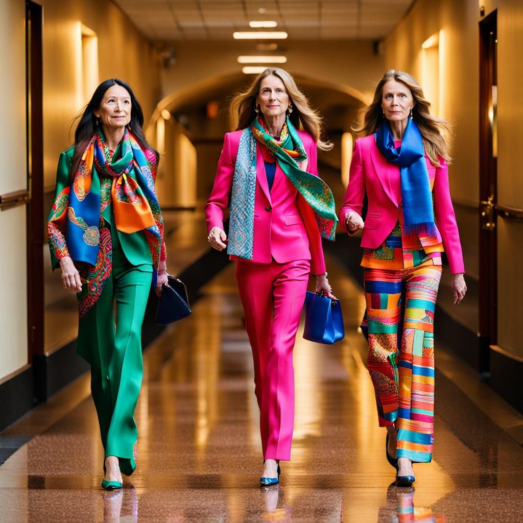 Women in Colorful Pantsuits and Silk Scarves
