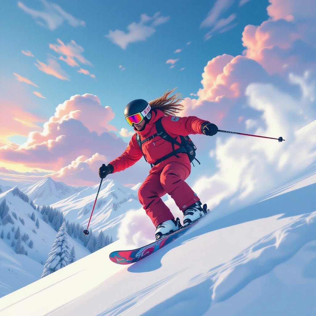 Rasta Snowboarder Slalom in a Surreal Sci-Fi Dream