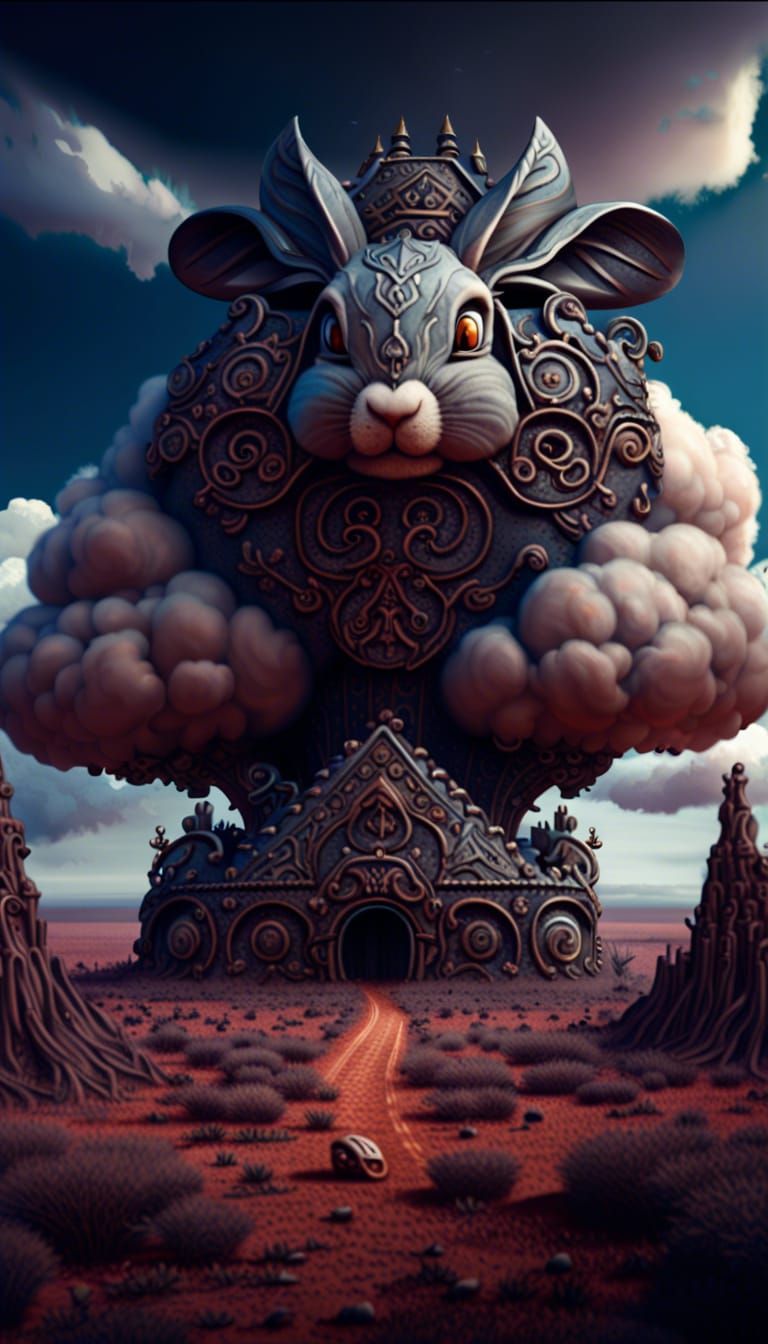huge iron carved clouds over empty landscape, in the middle of land a scared rabbit, sorounded by screw nut detailed mat...
