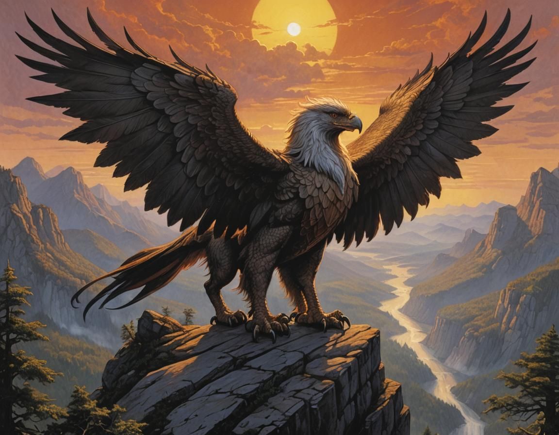 Majestic Griffon Overlooks Forest at Sunset