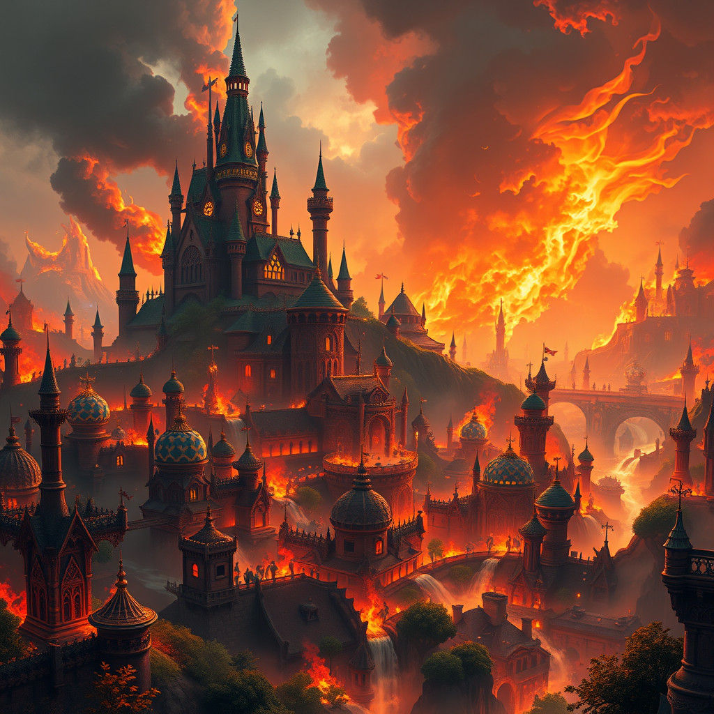 Nintendo Cityscape Engulfed in Mystical Inferno