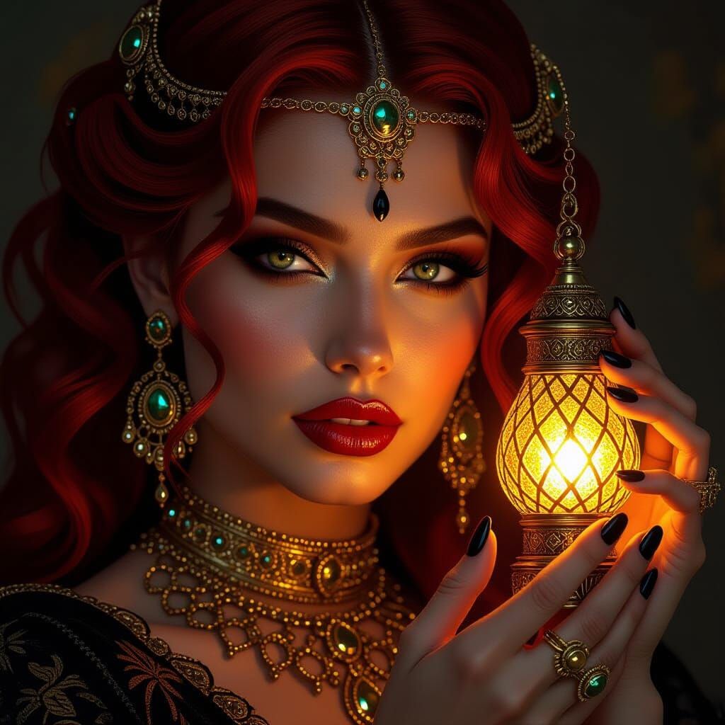 Babylonian Woman with Lamp in Dark Fantasy Style