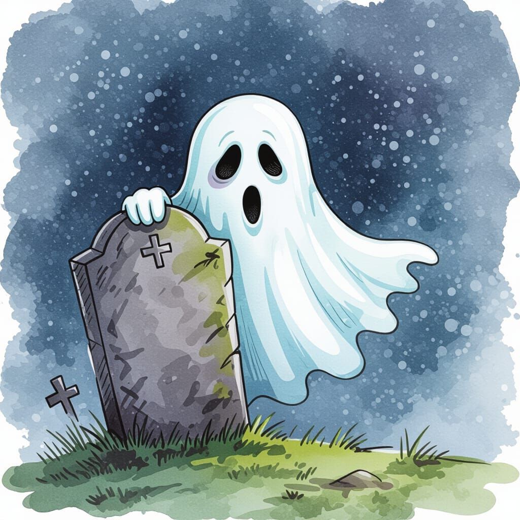Ghost Peeking From Tombstone in Watercolor Ink Style