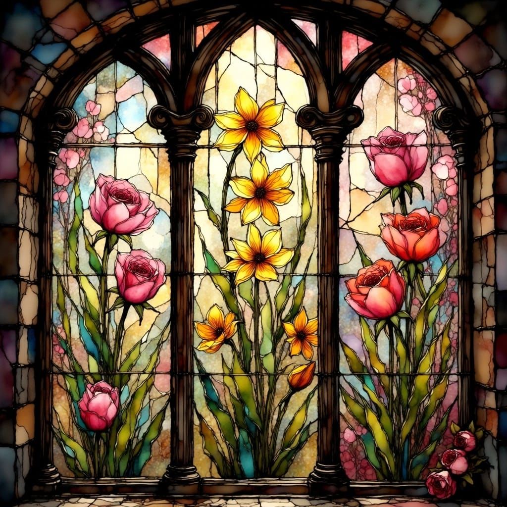 Surreal Stained Glass Windows with Blooming Florals in a Vib...