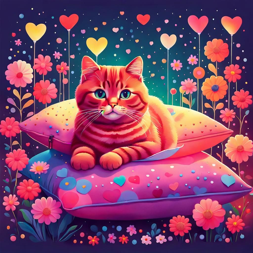 Cute Cat with Flowers in Glander Style