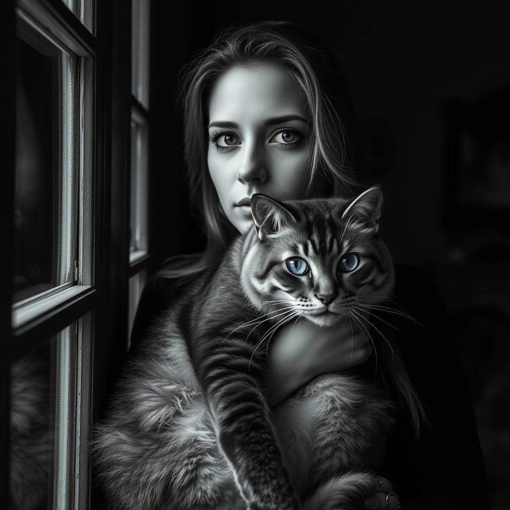 Monotone Portrait of Woman with Cat by Window