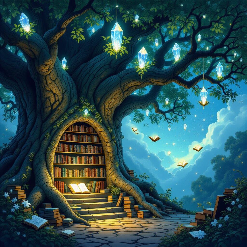 Enchanted Library in Ancient Tree, Art Nouveau Style
