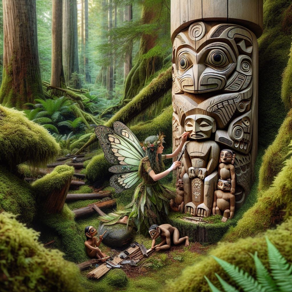 Cree Fairy Carving Intricate Totem Pole in Rainforest