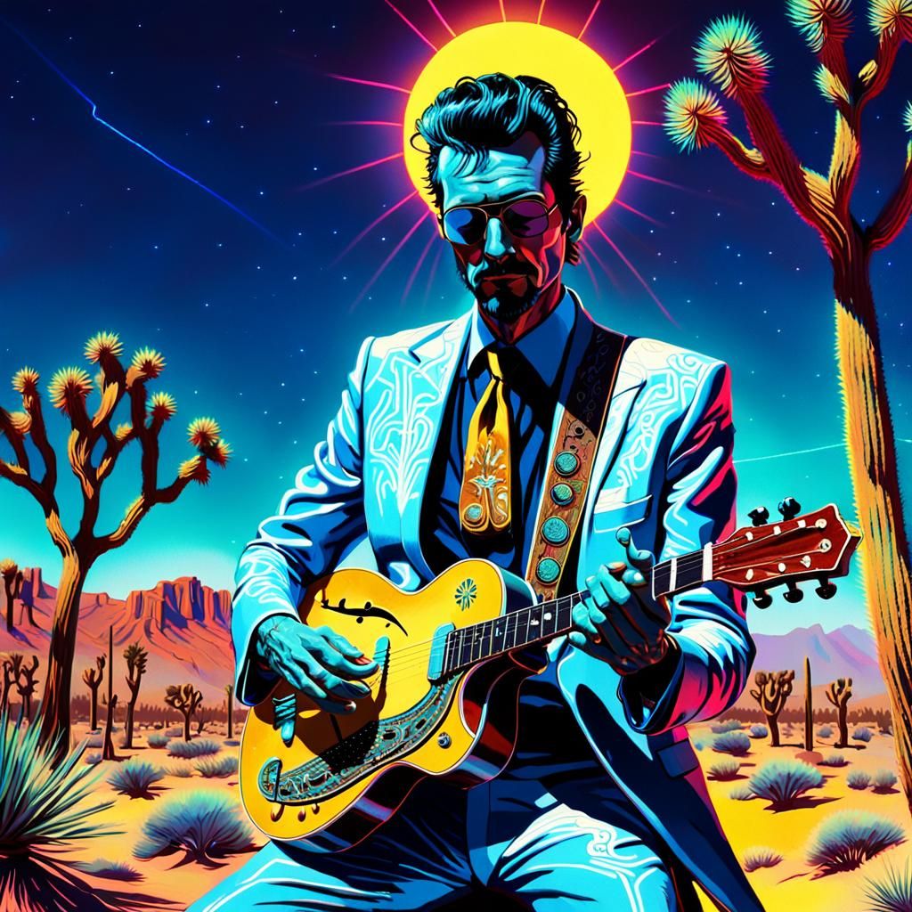 Cosmic Cowboy Plays Dobro in Neon Cyberpunk Dreamscape