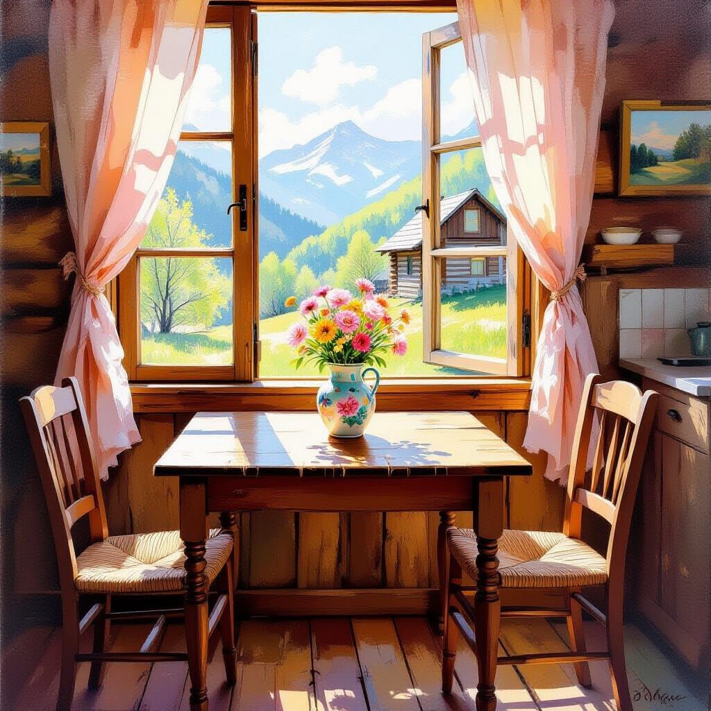Rustic Kitchen Table Scene in Oil Painting Style