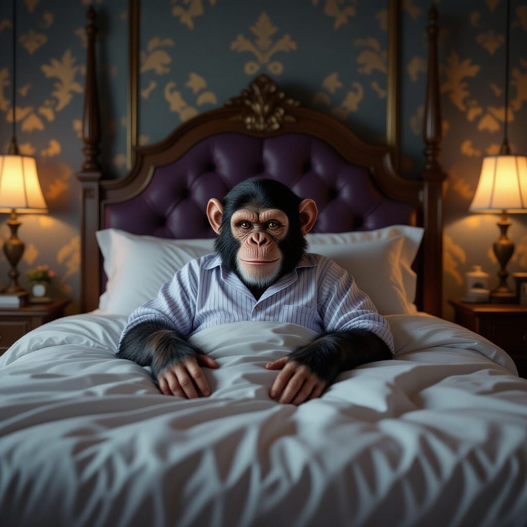 Chimp Wakes Up in King-Size Bed, Dark Fantasy Concept Art