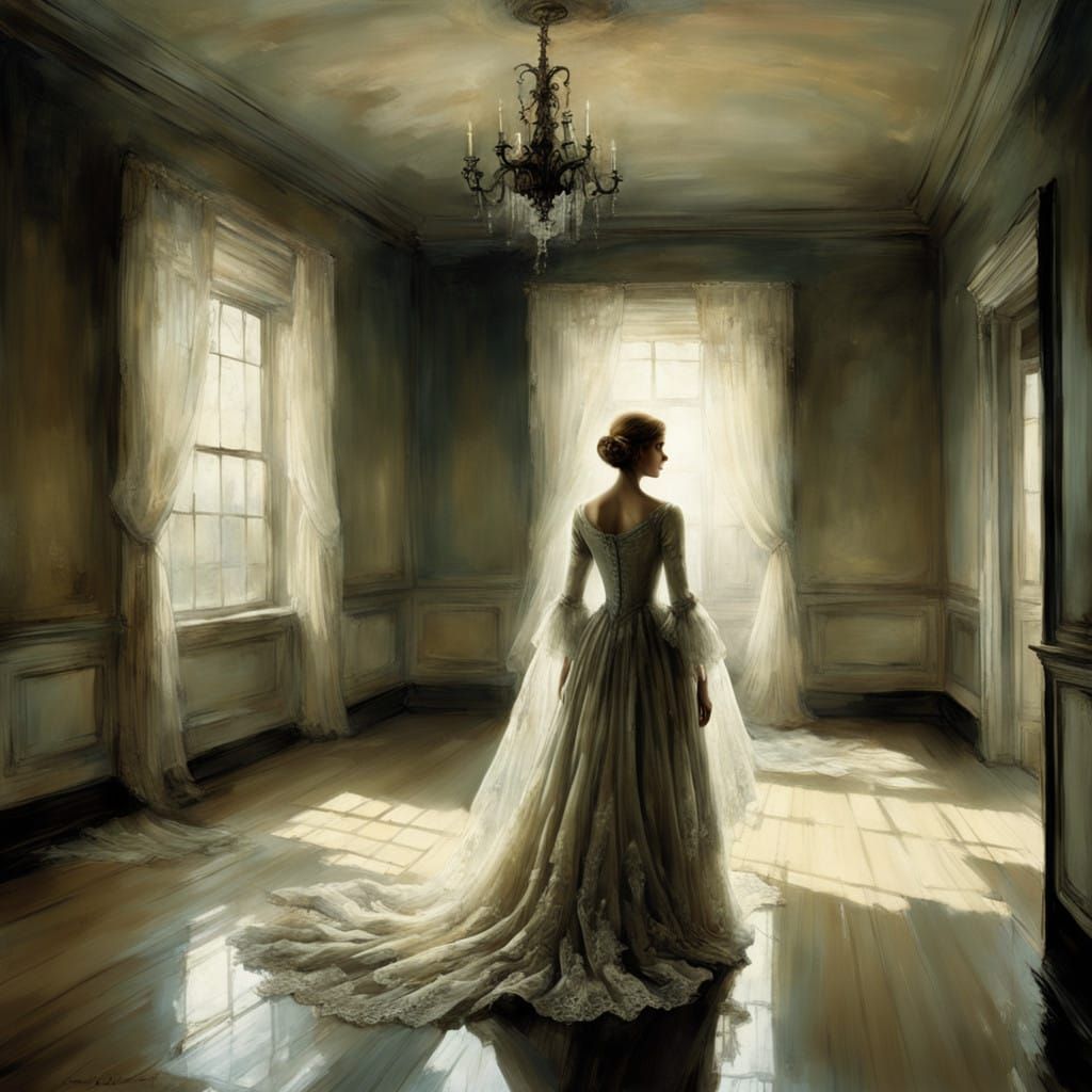 Spectral Woman in a Haunting Ballroom Scene, in a Style Remi...