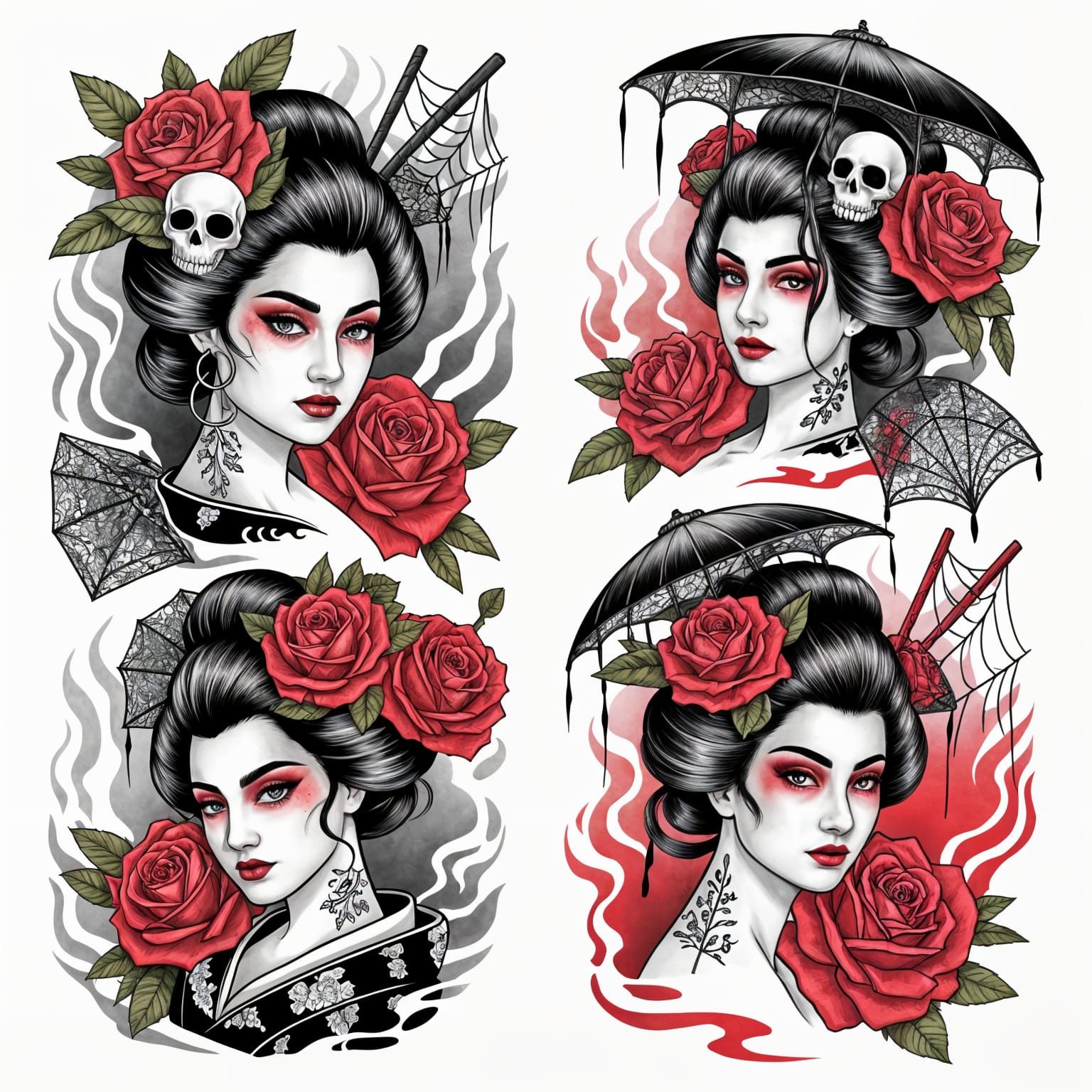 Gothic Geishas tattoo flash sheet