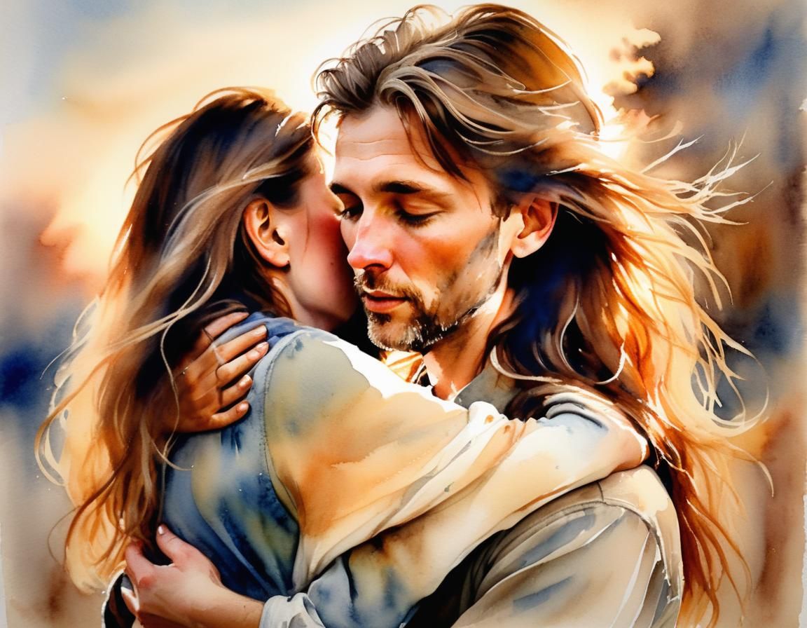 Emotional Watercolour Portrait of Embrace in Earth Tones