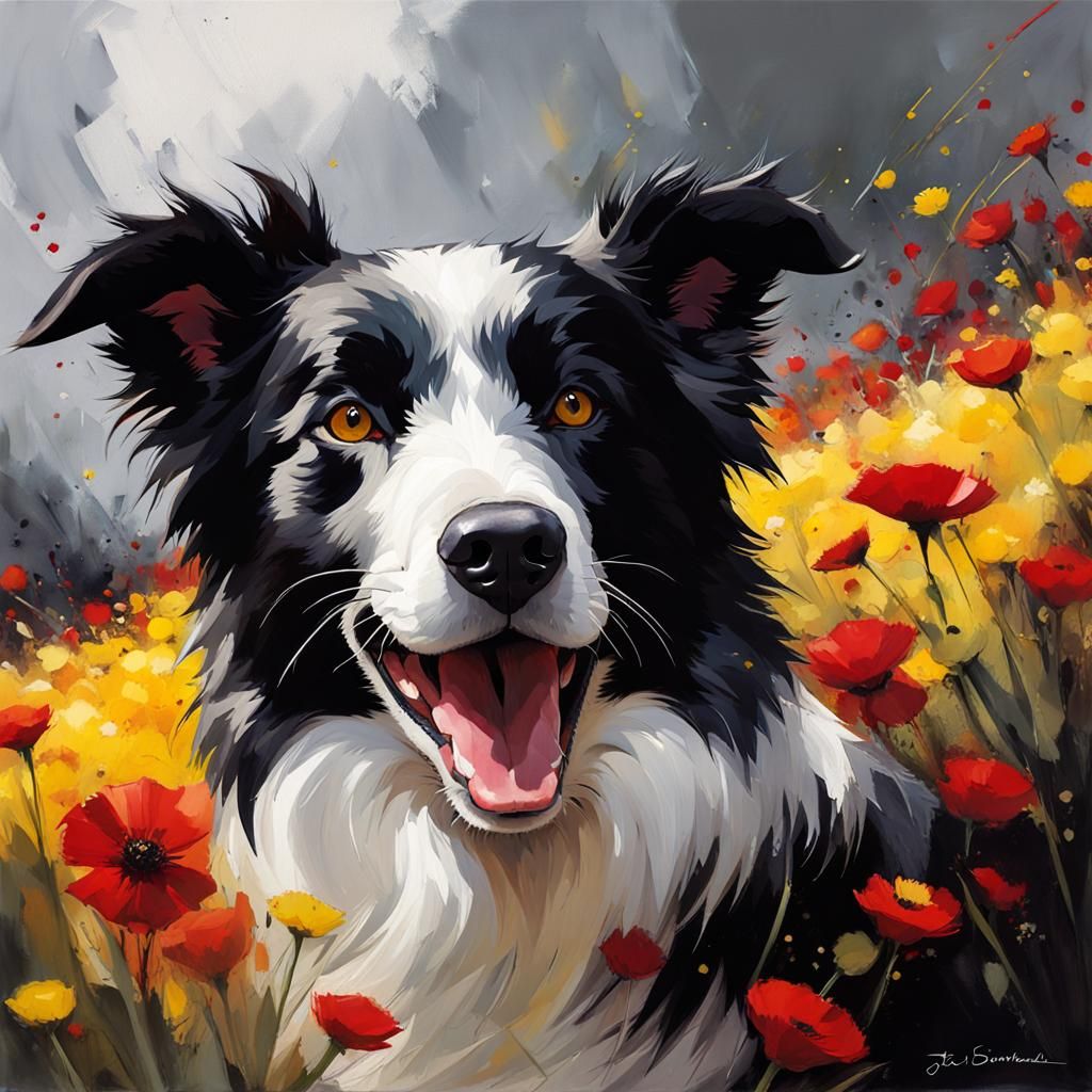 Happy Border Collie in Floral Oil Painting