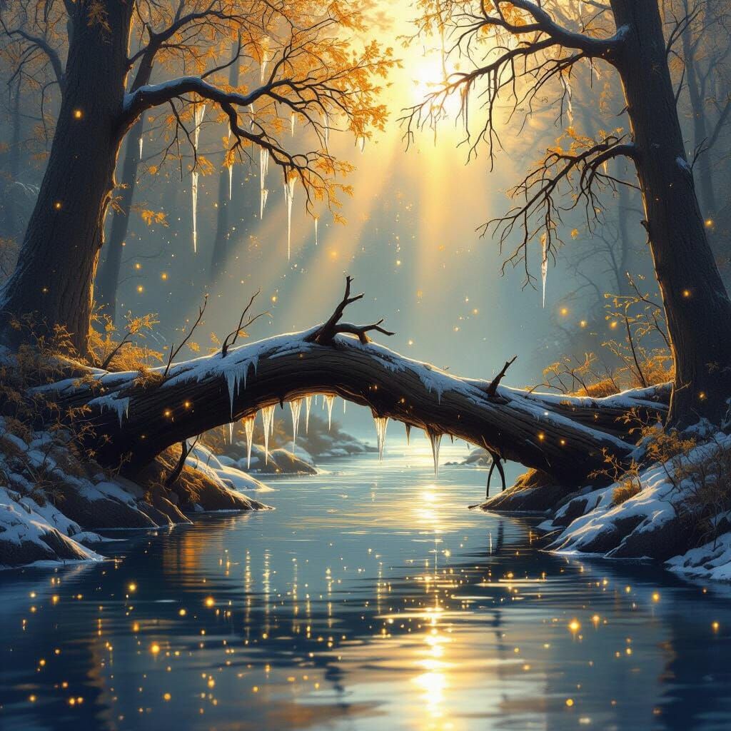Sunlit Icy Bridge: A Whimsical River Crossing