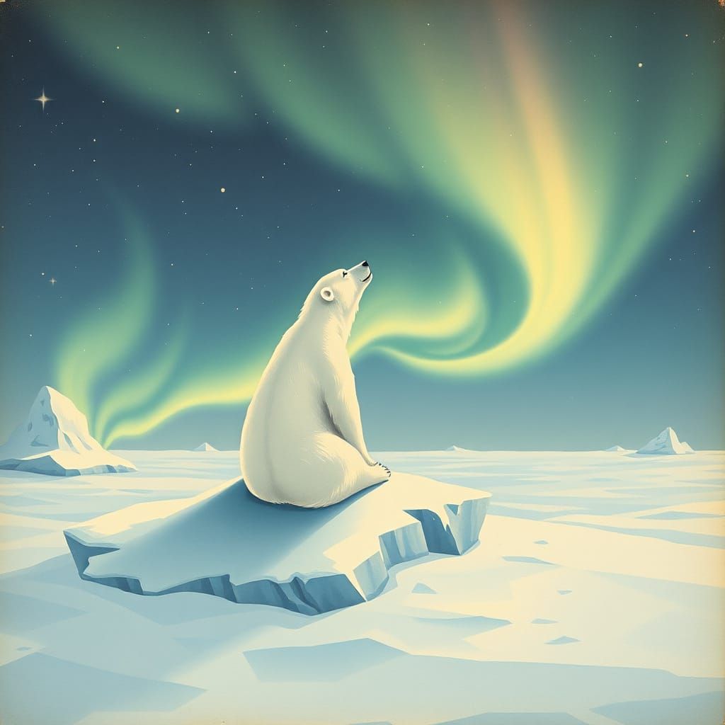 Polar Bear Gazing at Aurora in Retro Style
