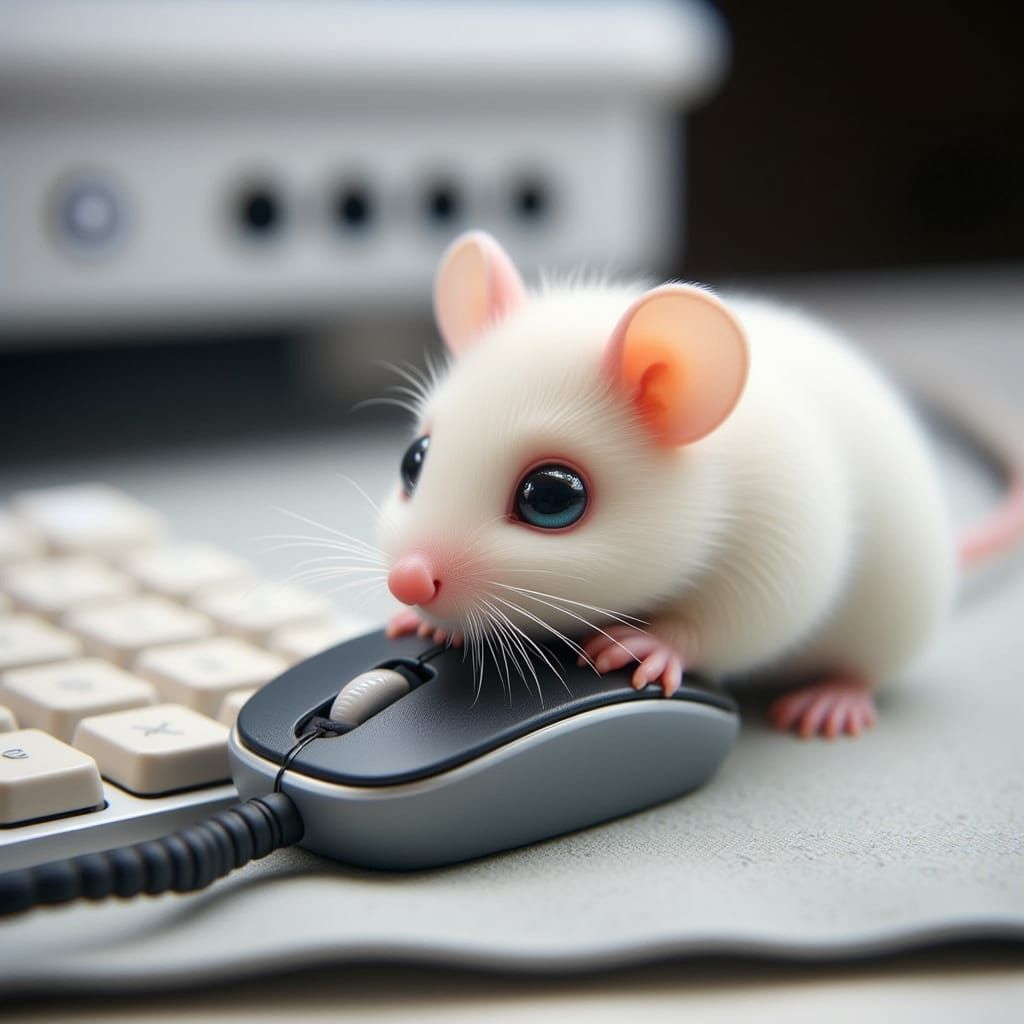 Cute White Mouse Taps a Computer Mouse