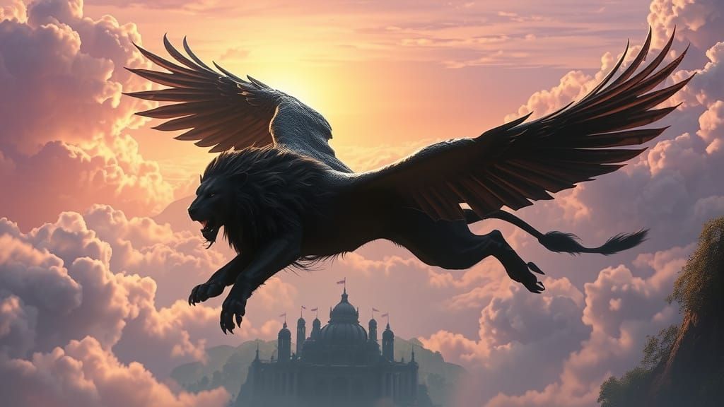 Winged Obsidian Lion Soars Over Hidden Ruin City