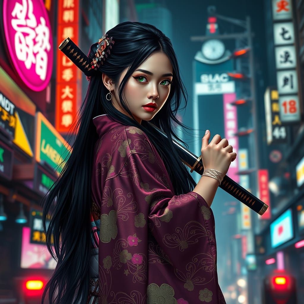 Cyberpunk Kimono Girl in Neon Cityscape