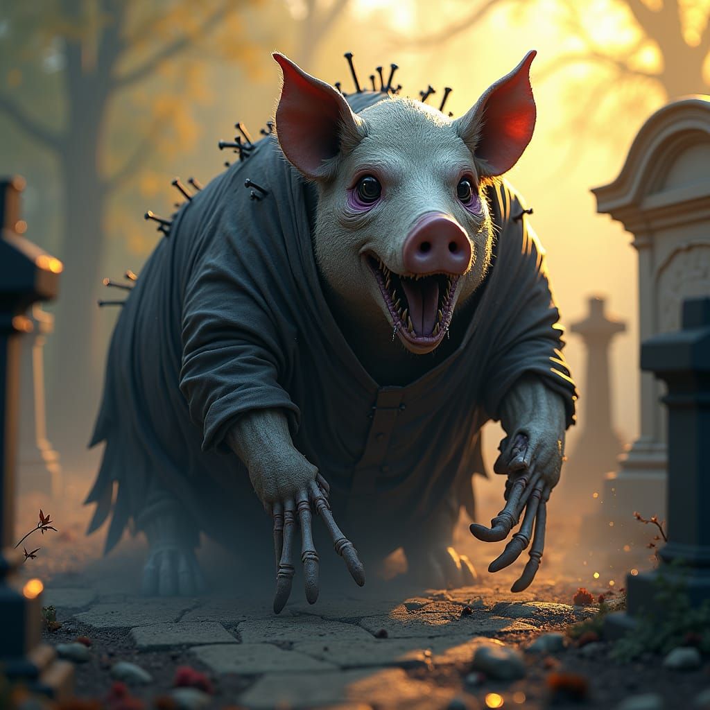 Obese Undead Pig Ravages Graveyard: Dark Fantasy Art