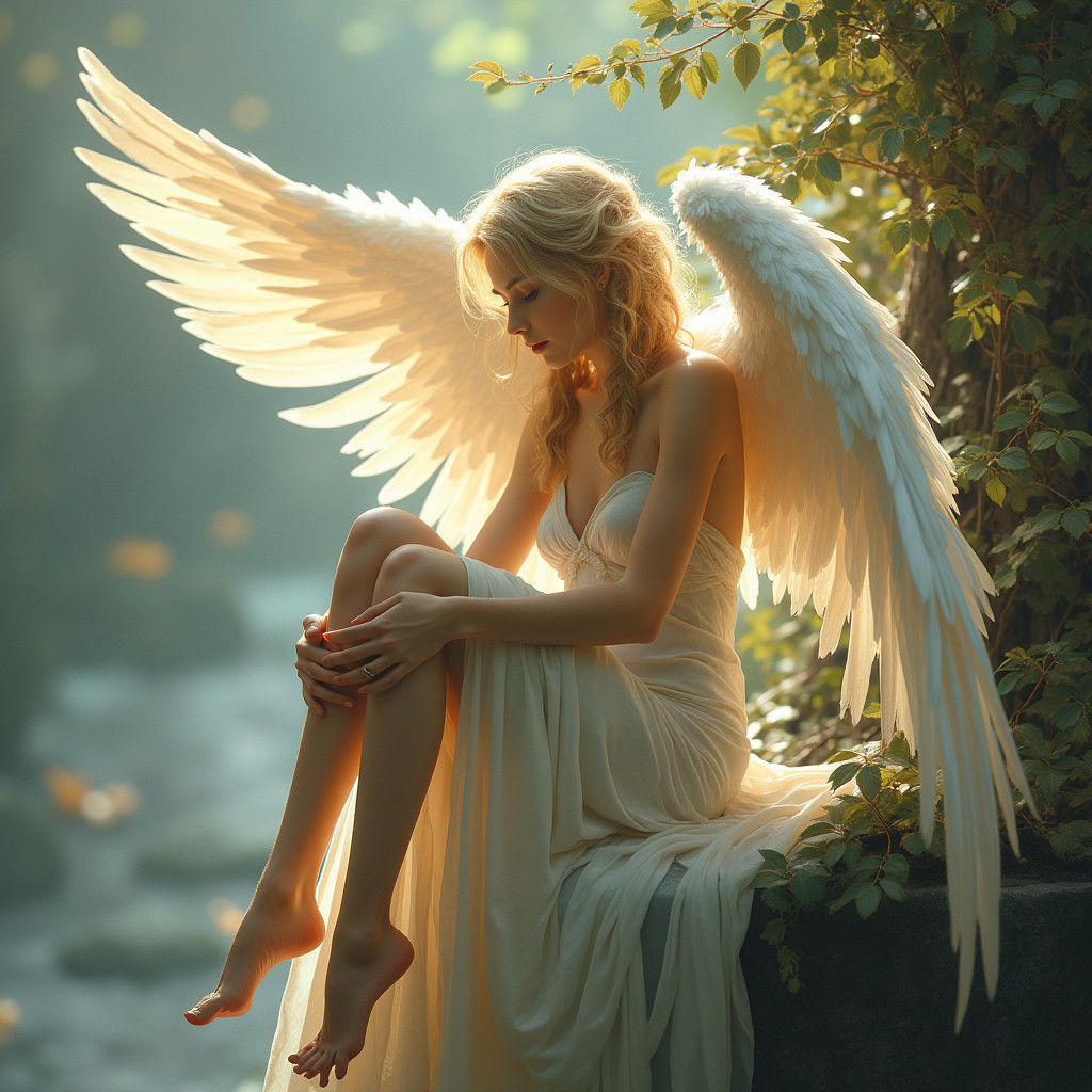 Serene Angel Observing World in Fantasy Art Style