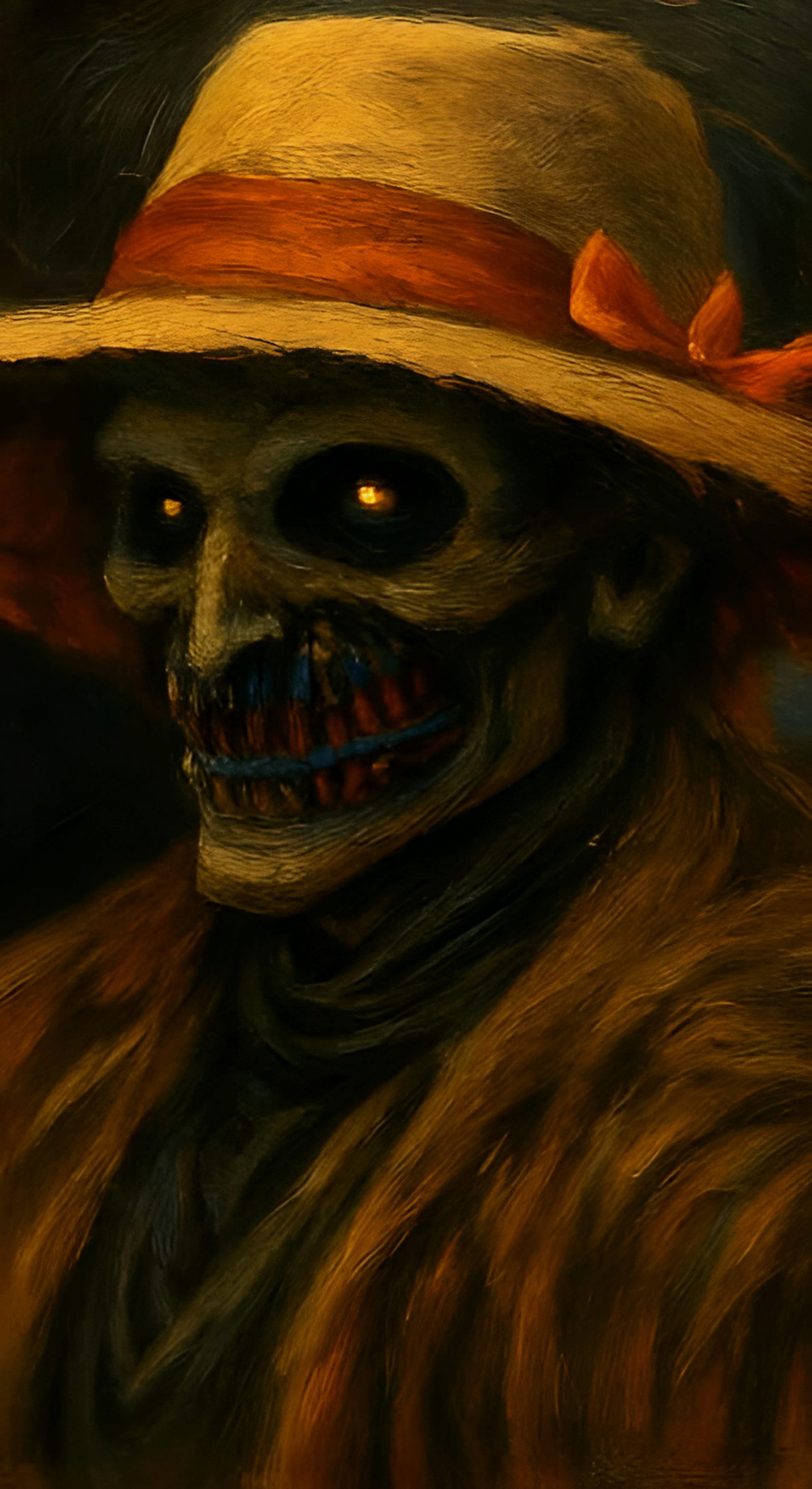 Scarecrow With Grotesque Pumpkin Head in Farmer's Suit