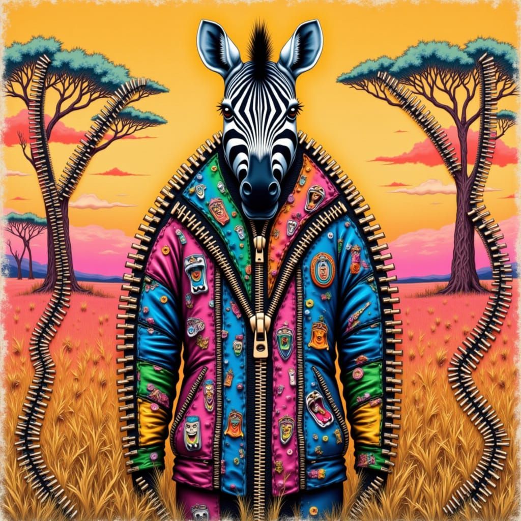 Zebra in Zipper Jacket, Mixed-Media Style