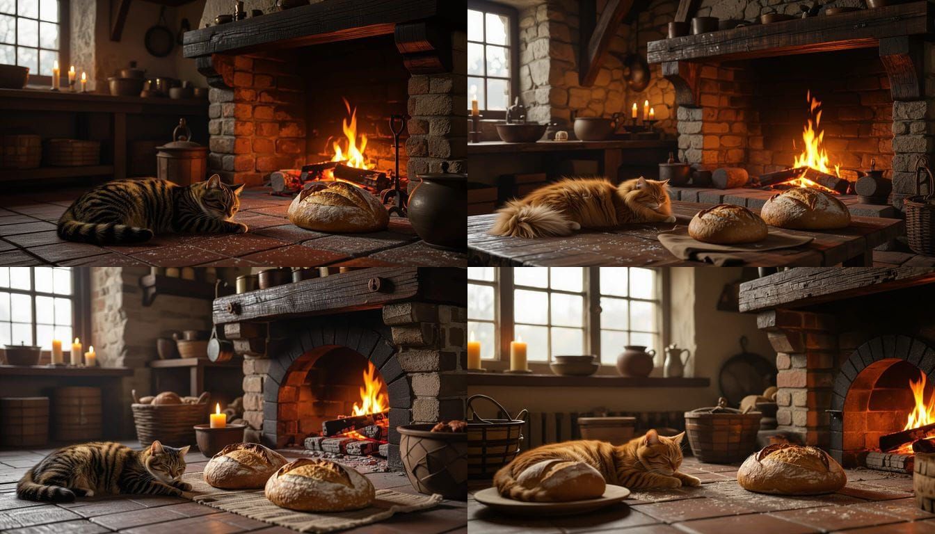 Rustic Medieval Kitchen with Cat by Candlelight