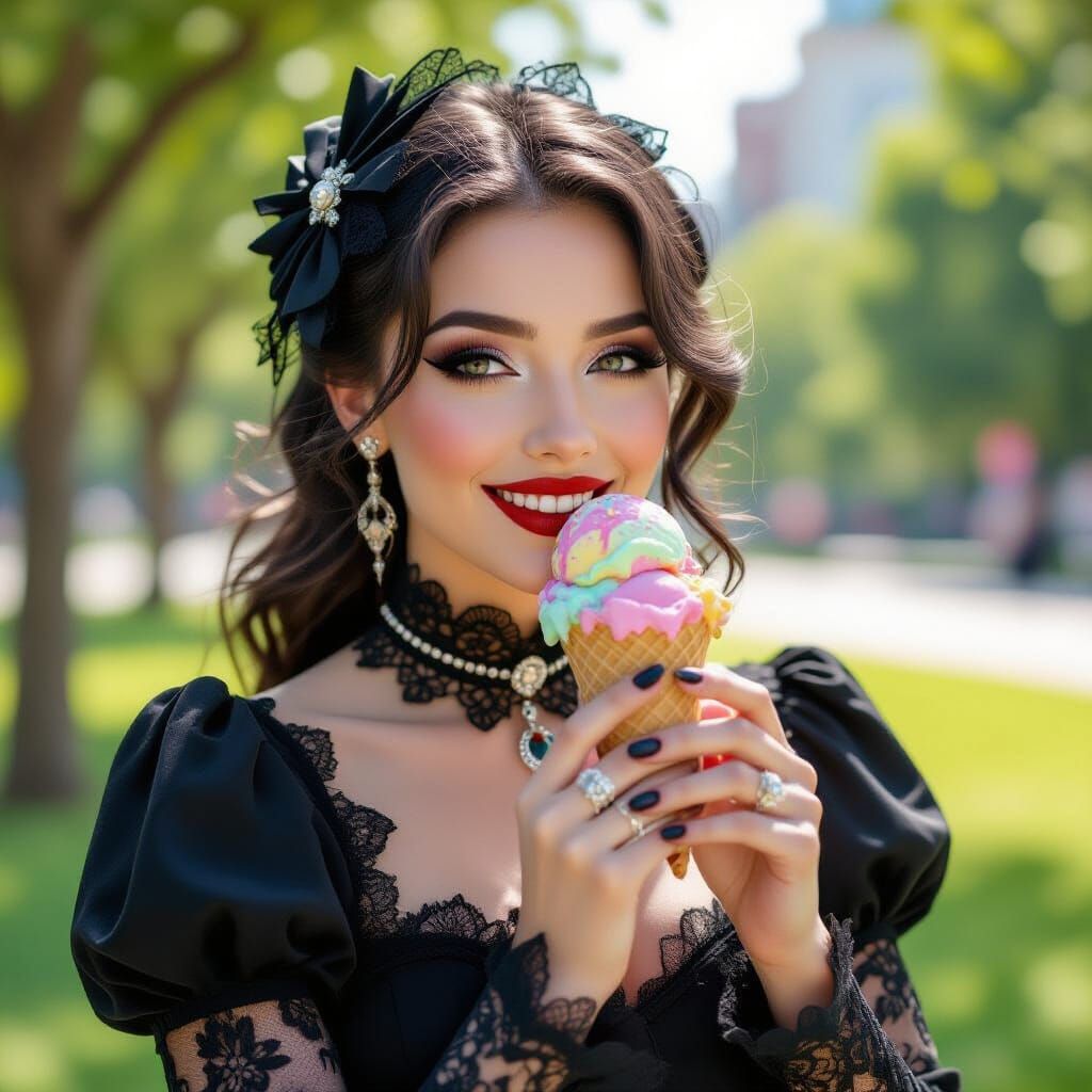 Gothic Woman Enjoys Colorful Ice Cream in Sunny Park
