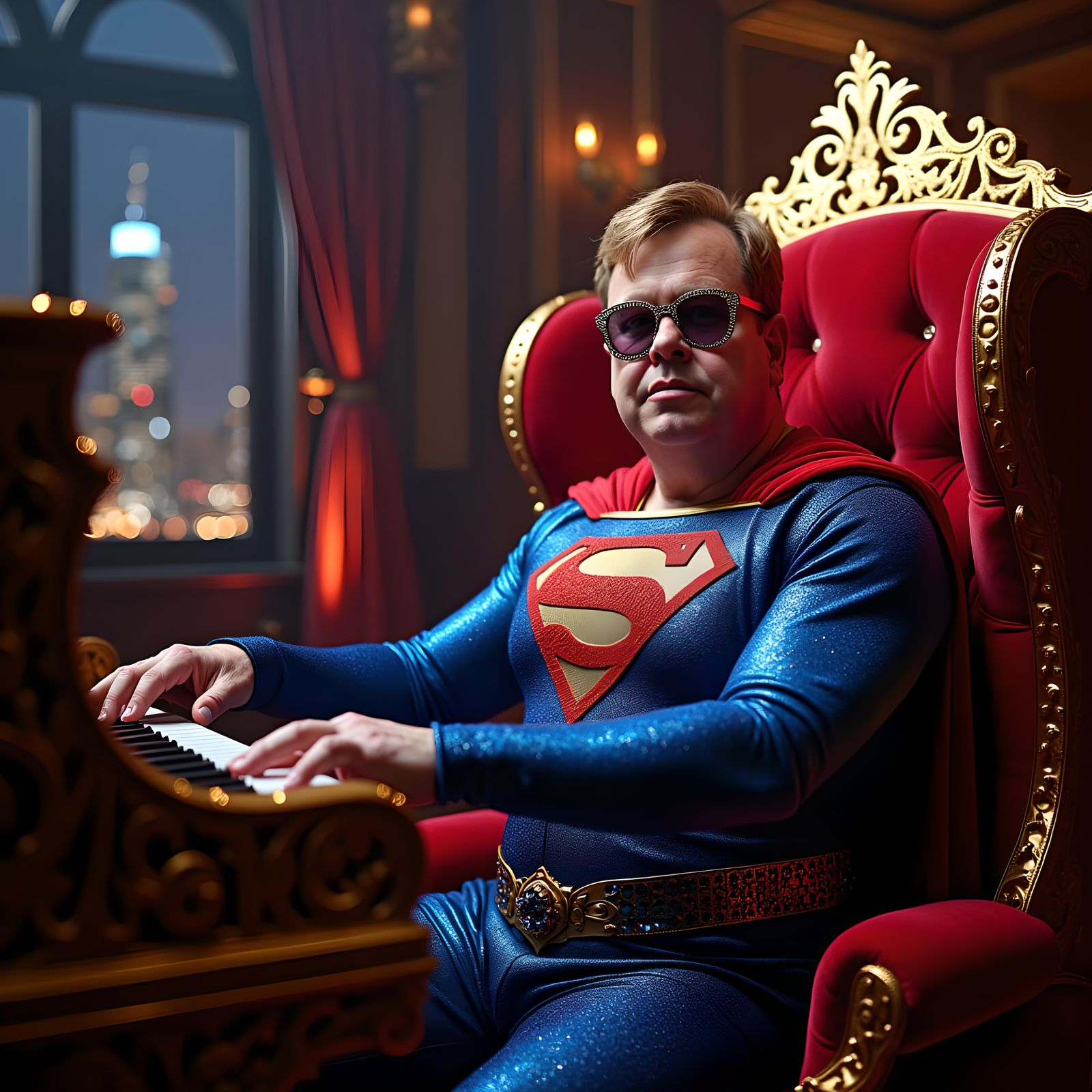 Ultra realistic and ultra detailed picture of elton johns in superman costume 8K resolution HDR