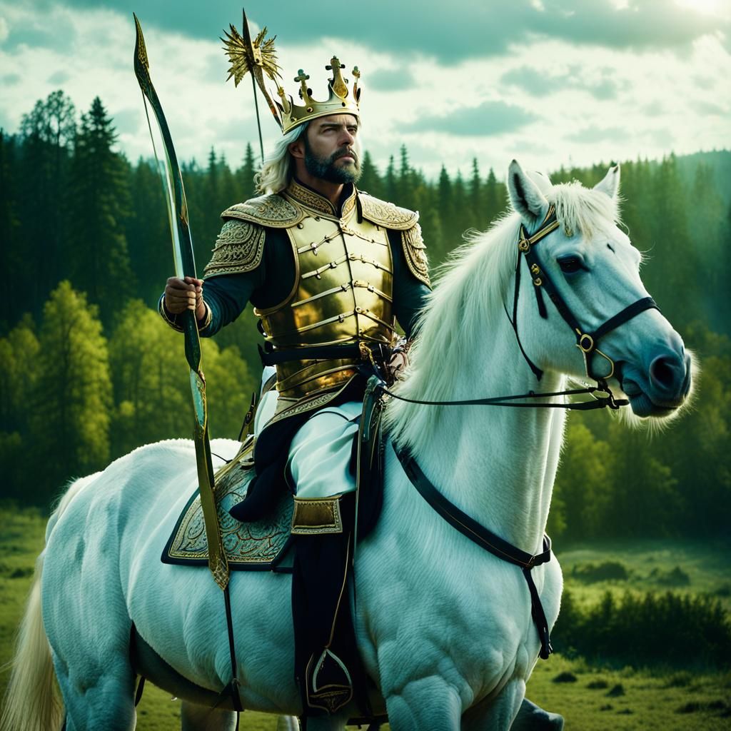 Apocalyptic Horseman on White Steed: Cinematic Film Still